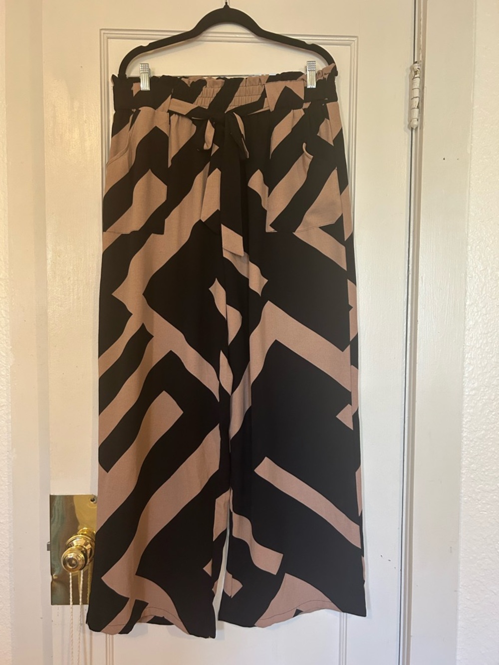 High-Rise Wide Leg Tie-Waist Pants in Black and Tan